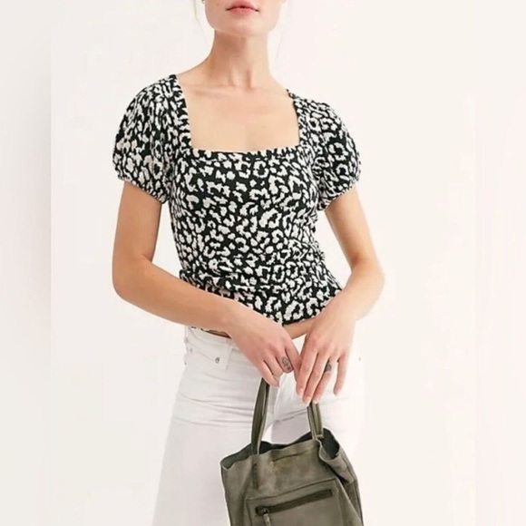 NWT Free People Pine Combo Square Neck Puff Sleeve Cottagecore Top Large - Picture 1 of 13